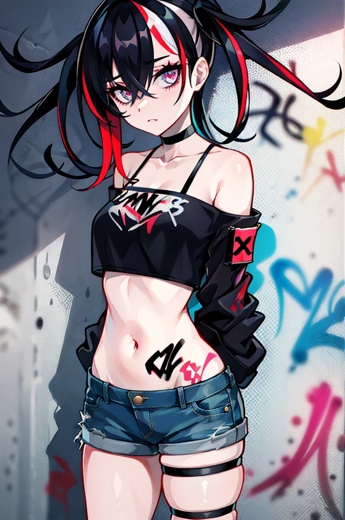 absurdres, best quality,1girl, solo, streaked hair, crop top, denim shorts, choker, (graffiti:1.25),  paint splatter, arms behind back, (slouching), leaning back, against wall, (leaning to the side:0.125), looking at viewer, armband, thigh strap, streaked hair, paint on body, upturned eyes, head down, head tilt, (from side:0.9), bored, (expressionless:0.75),  lam \(ramdayo\)