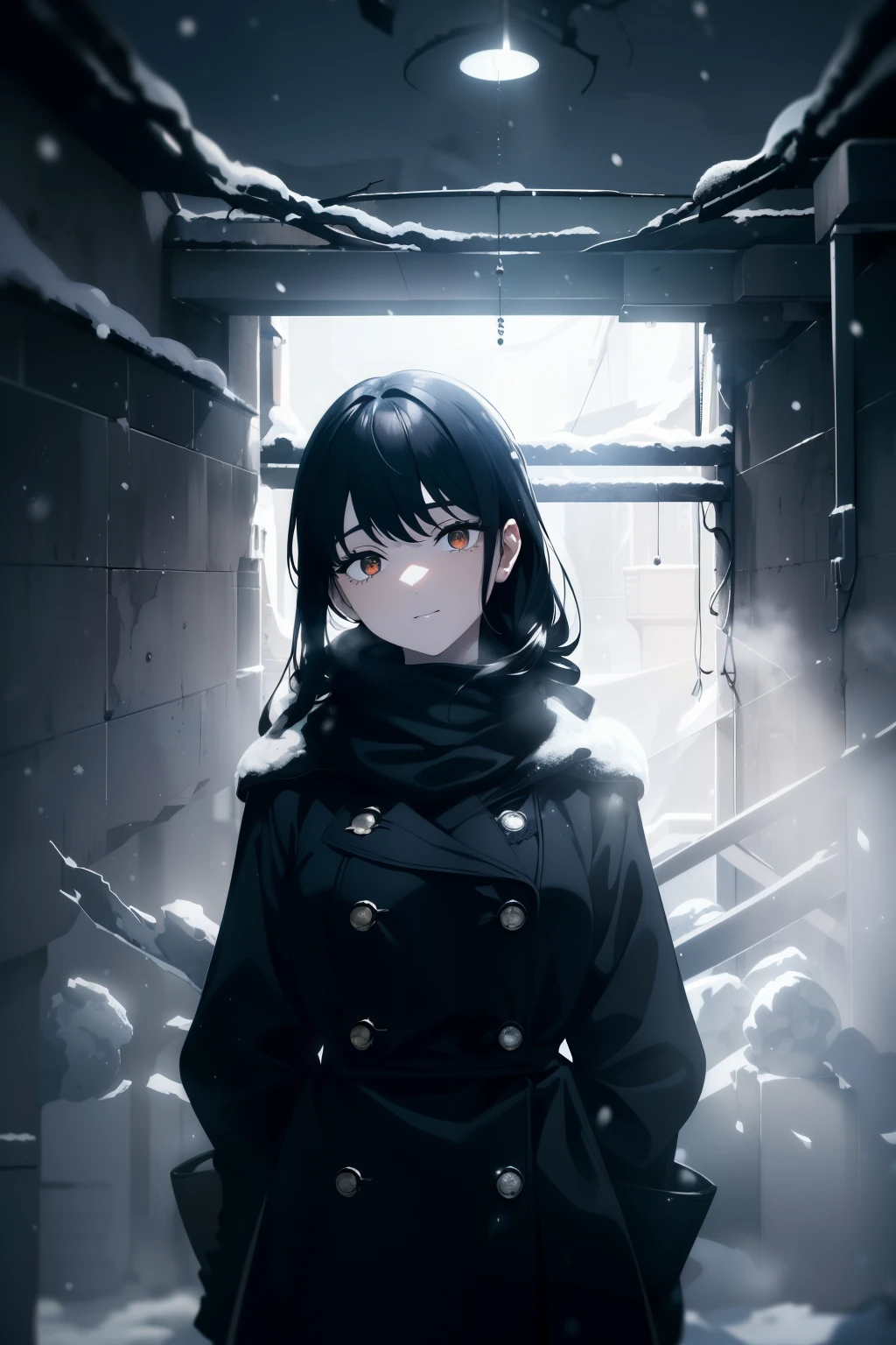 ((((Obra maestra, La mejor calidad, ultrahigh resolution)))), ((wide shot:1.5, blizzard:1.5, snow storm:1.5)),1girl, standing, (long black winter coat:1.5, black hair, snow in eyelashes)), long hair cut, pale skin, ((brown eyes)), glowing_eyes, neon eyes, ((ultra detailed eyes:0.7, beautiful and detailed face, detailed eyes:0.9)), ((centered)), smile, ((wide shot)), facing viewer, (((((blinding light, blizzard:1.5, snow, chaos))))), flat chested, looking at viewer, ((half closed eyes)), ((perfect hands)), ((head:1, hips, elbows, arms, in view)), ((hands behind back)), empty eyes, beautiful lighting, defined subject, 25 years old, ((cool looking))