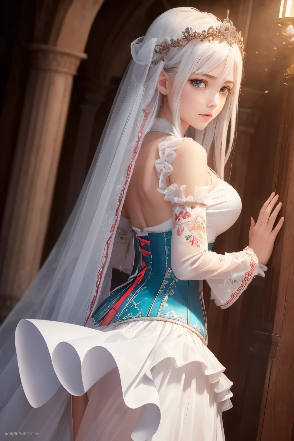 ((the Extremely Detailed CG Unity 8K Wallpapers)), masutepiece, Ultra-detailed, floating, High resolution, Sexually suggestive, (Petite, ridiculously long white hair, Princess, White Devil Taoist, Blue eyes, (Gorgeous long white and red see-through layered long dress、Long detached wide sleeves and intricate embroidery), Bridal Veil, circlet, bridal gauntlets, Blushing, Shy, Arched back, Ruffle Petticoat, Glamorous corset,