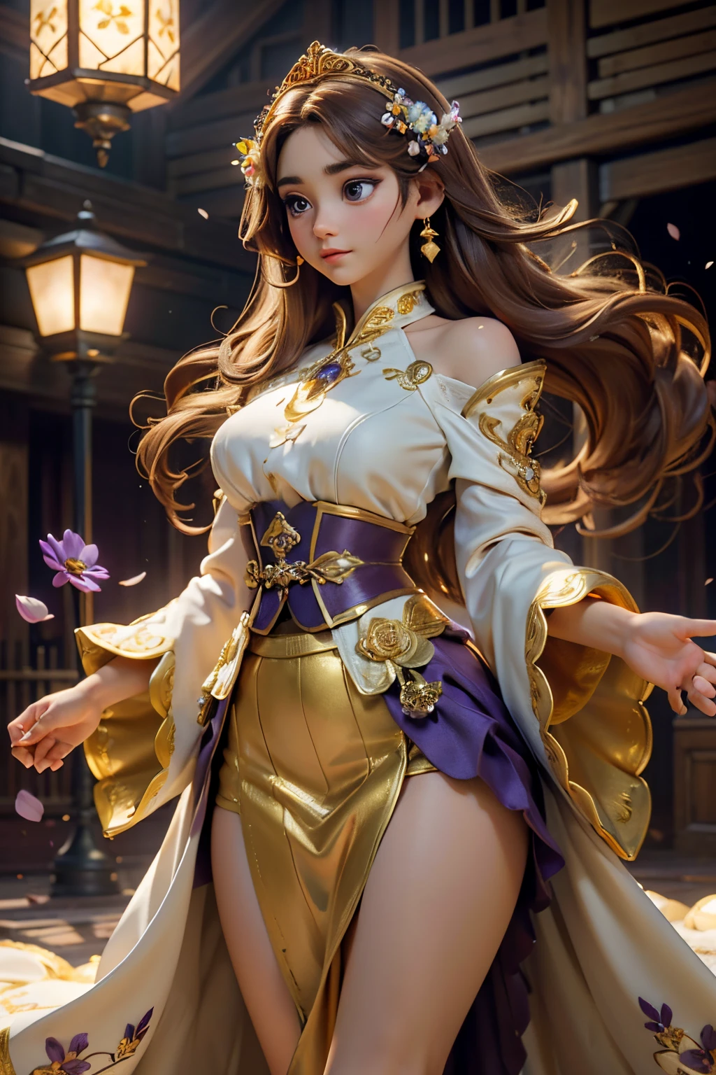 Superb Quality, Masterpiece, High Resolution, (Exquisite Body: 1.5), Stunning Beauty, (Milky Skin: 1.3), Exquisite Details, High Resolution, Wallpaper, 1 Woman, Solo, Dress, Hair Accessories, (((Golden Purple Skirt)) ), Flower, Long Hair, Brown Hair, Shut Up, Accessories, Long Sleeves, Raised Hand, Wide Sleeves, Big Eyes, Flowing Hair, Hanfu, Hanfu, Embroidery, Long Skirt, Natural Pose, Falling Petals, Indoor, Fanning, Lantern, 16K, HDR, High Resolution, Depth of Field, (Film Grae: 1.1), Bocon, Primetime, (Lens Glow), Vignette, Rainbow, (Color Grading: 1.5)