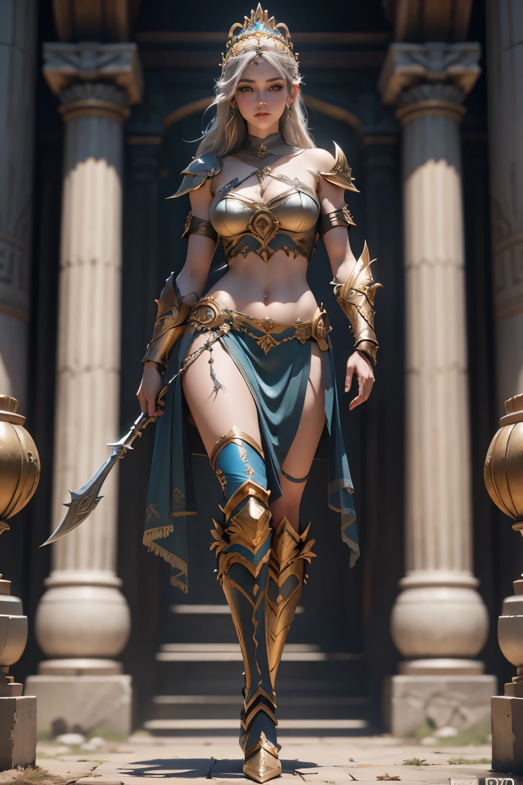 full body picture Unreal Engine 5 8K UHD of beautiful female, fantasy world, Greek female goddess, warrior goddess, beautiful make up, best quality, masterpiece