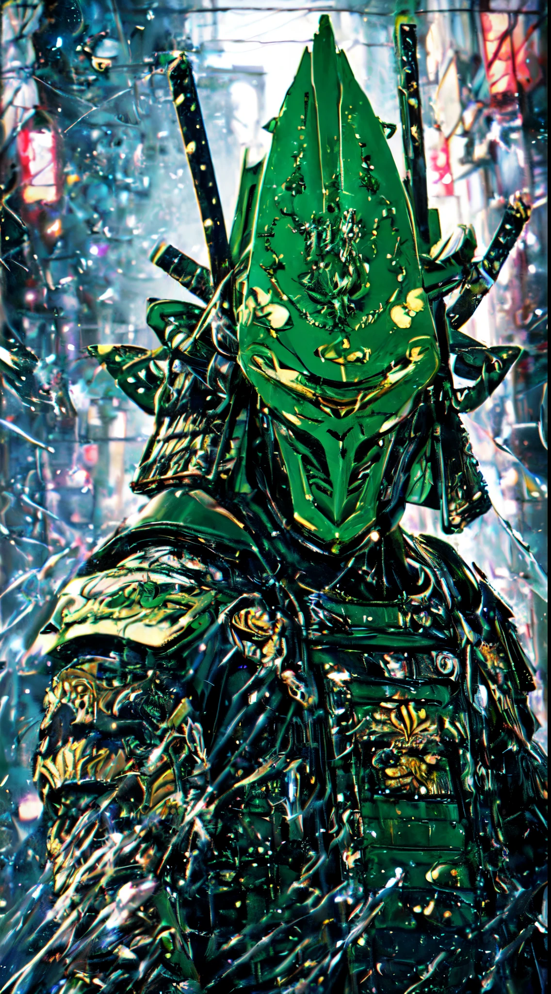 Anime toon Portrait photo of translucent green stone jade  1cyborg samurai_mecha, complex detailed green samurai Helmet-oni shape, samurai armored jade, samurai helmet, or jade armor, translucent green jade plates , futuristic fantasy Nippon, mercury, jade, jade stone, samurai armor made of thousan Beautifully Carved Green Jade Stone  bokeh)), intricate, ((translucent) liquid water [rust]), elegant, sharp focus, photo by greg rutkowski, soft lighting, vibrant colors, masterpiece, ((streets)), detailed face, full body shot