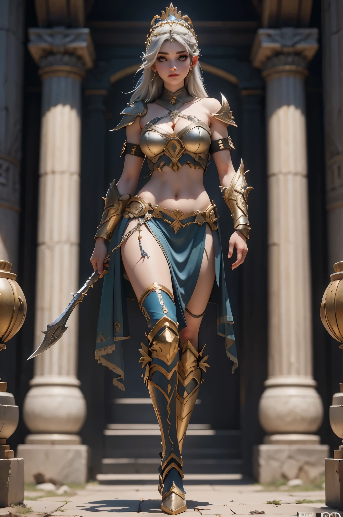 full body picture Unreal Engine 5 8K UHD of beautiful female, fantasy world, Greek female goddess, warrior goddess, beautiful make up, best quality, masterpiece