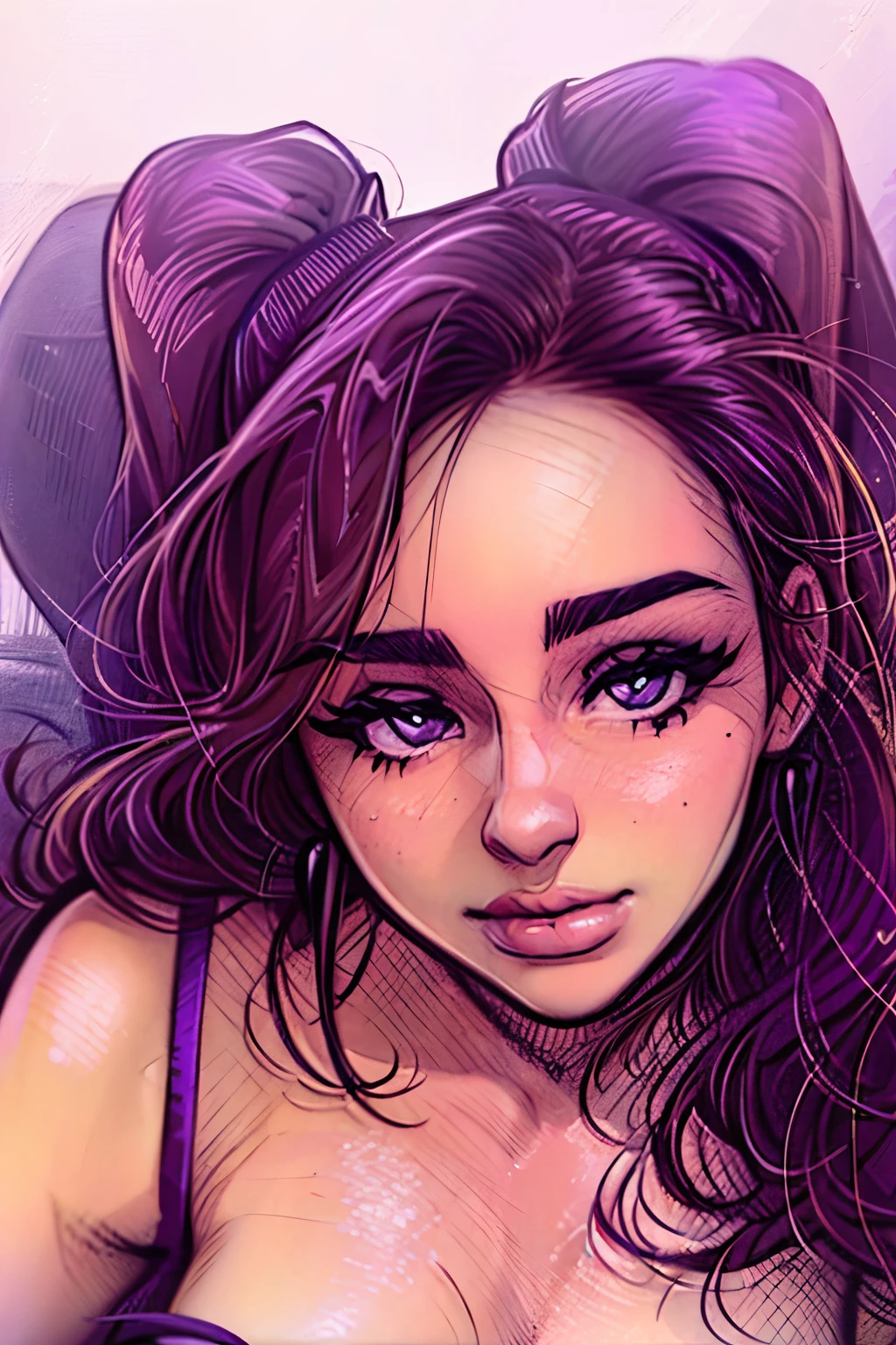 A close up of a woman with purple hair and a cat ear - SeaArt AI