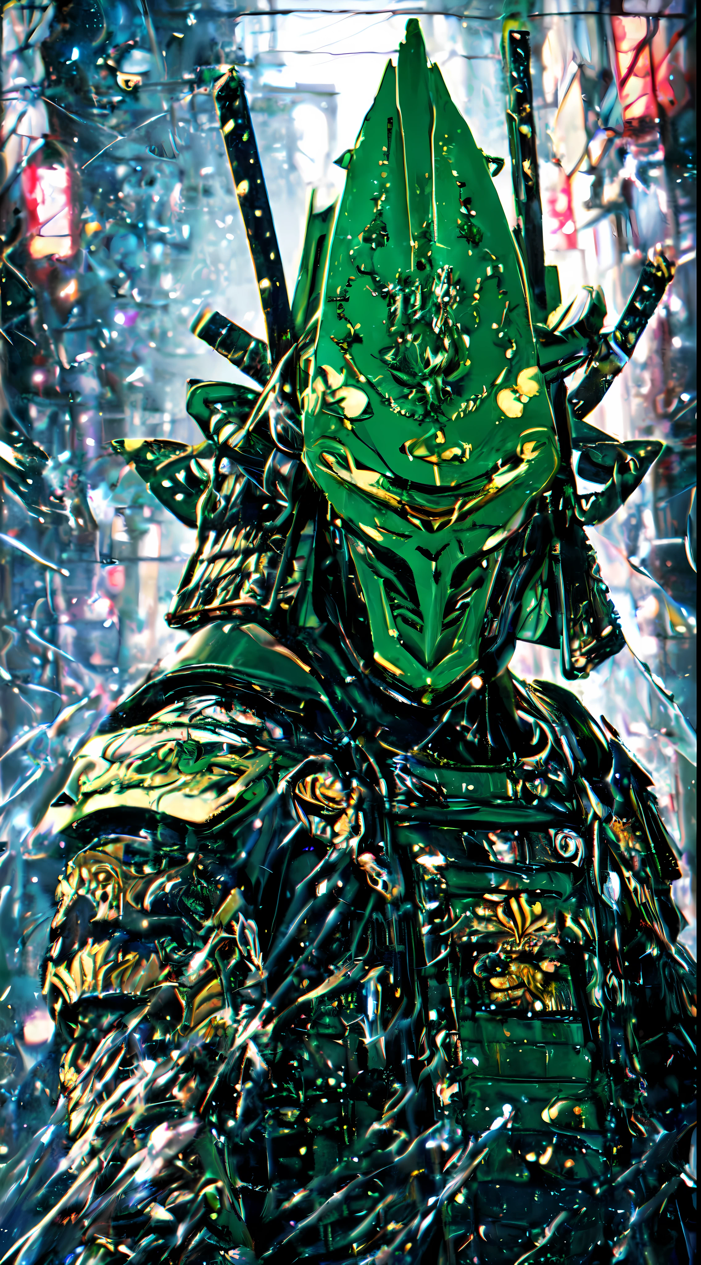 Anime toon Portrait photo of translucent green stone jade  1cyborg samurai_mecha, complex detailed green samurai Helmet-oni shape, samurai armored jade, samurai helmet, or jade armor, translucent green jade plates , futuristic fantasy Nippon, mercury, jade, jade stone, samurai armor made of thousan Beautifully Carved Green Jade Stone  bokeh)), intricate, ((translucent) liquid water [rust]), elegant, sharp focus, photo by greg rutkowski, soft lighting, vibrant colors, masterpiece, ((streets)), detailed face, full body shot