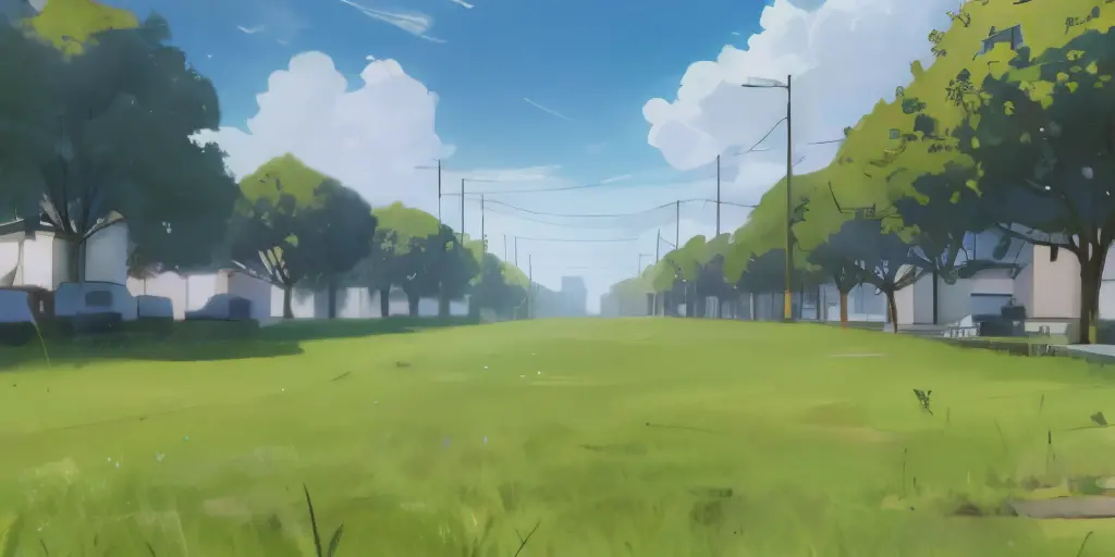 anime scenery. neighborhood. ruas de pedra, grass and vegetation. pinheiros. Casas comuns. sky and clouds.