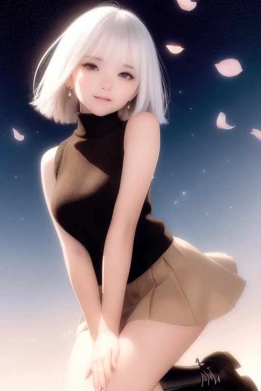 (Short flowy haircut) , cute medium side bangs, ((white hair)), starry skyscape, blooming cherry tree at the center of the background, (starry evening sky), ultra detailed, young Japanese woman , wearing simple earrings and necklace, ((wearing thick thigh strap)), beautiful face, ((wearing a sleeveless turtleneck cotton sweater)), ((waist-high pleated skirt)), ((hair flowing beautifully in the wind)) , perfect smooth legs, ((knees pointing inwards)),  (((contrast rich rim lighting from both sides))) , ((very short red finger nail polish)), (laced up boots with heels) , perfect eyes, ((brown eyes)), firm medium sized breast, thick calves, correct anatomy, tony taka art style, (cherry petals flying in the air by a soft breeze),ultra wide angle view, ((cinematic depth of field)), bokeh particles, (((crossed arms))), (smiling face), (((leaning forward)))