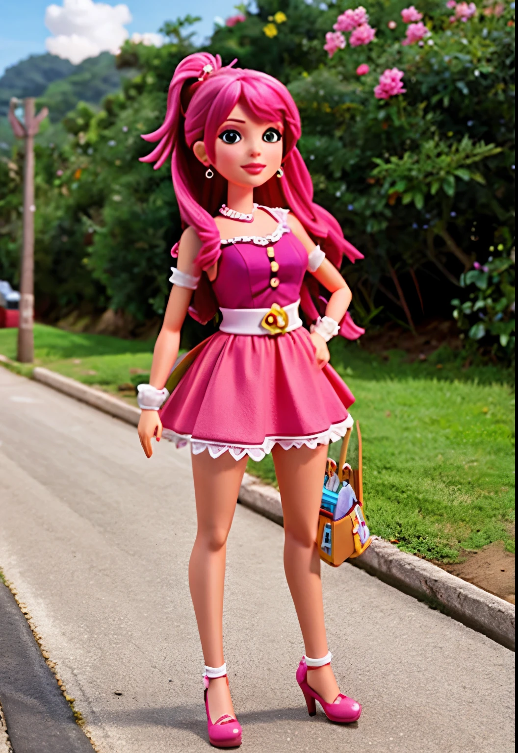 Araffe doll with pink hair and pink shoes walking down a street - SeaArt AI