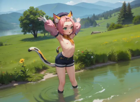 topless, catgirl, flat chest, sunbathing, 10 years old, loli, outside, tail, stretching, detached sleeves, hat