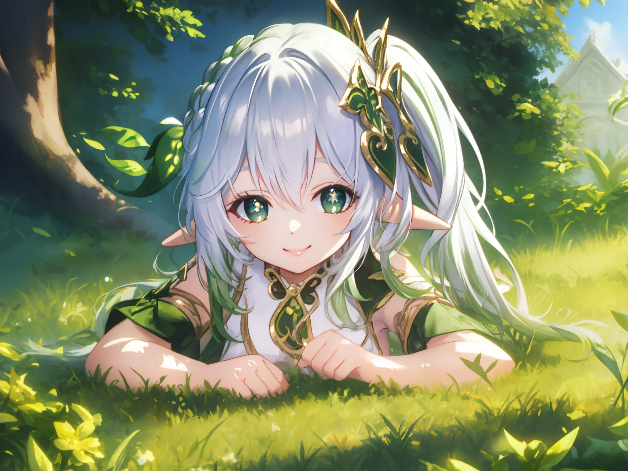 sunbathing, 8 years old, lying down, outside, smiling, sunny, bright sunlight, grass, pointy ears, hair ornament, white hair, green hairstreak, side ponytail, masterpiece, best quality