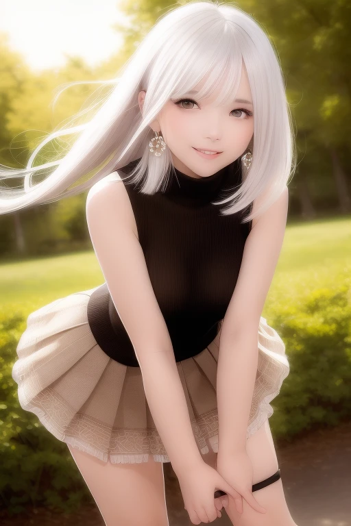 (Short flowy haircut) , cute medium side bangs, ((white hair)), starry skyscape, blooming cherry tree at the center of the background, (starry evening sky), ultra detailed, young Japanese woman , wearing simple earrings and necklace, ((wearing thick thigh strap)), beautiful face, ((wearing a sleeveless turtleneck cotton sweater)), ((waist-high pleated skirt)), ((hair flowing beautifully in the wind)) , perfect smooth legs, ((knees pointing inwards)),  (((contrast rich rim lighting from both sides))) , ((very short red finger nail polish)), (laced up boots) , perfect eyes, (((dark brown eyes))), firm medium sized breast, thick calves, correct anatomy, tony taka art style, (cherry petals flying in the air by a soft breeze),ultra wide angle view, ((cinematic depth of field)), bokeh particles, (((crossed arms))), (smiling face), (((leaning forward)))