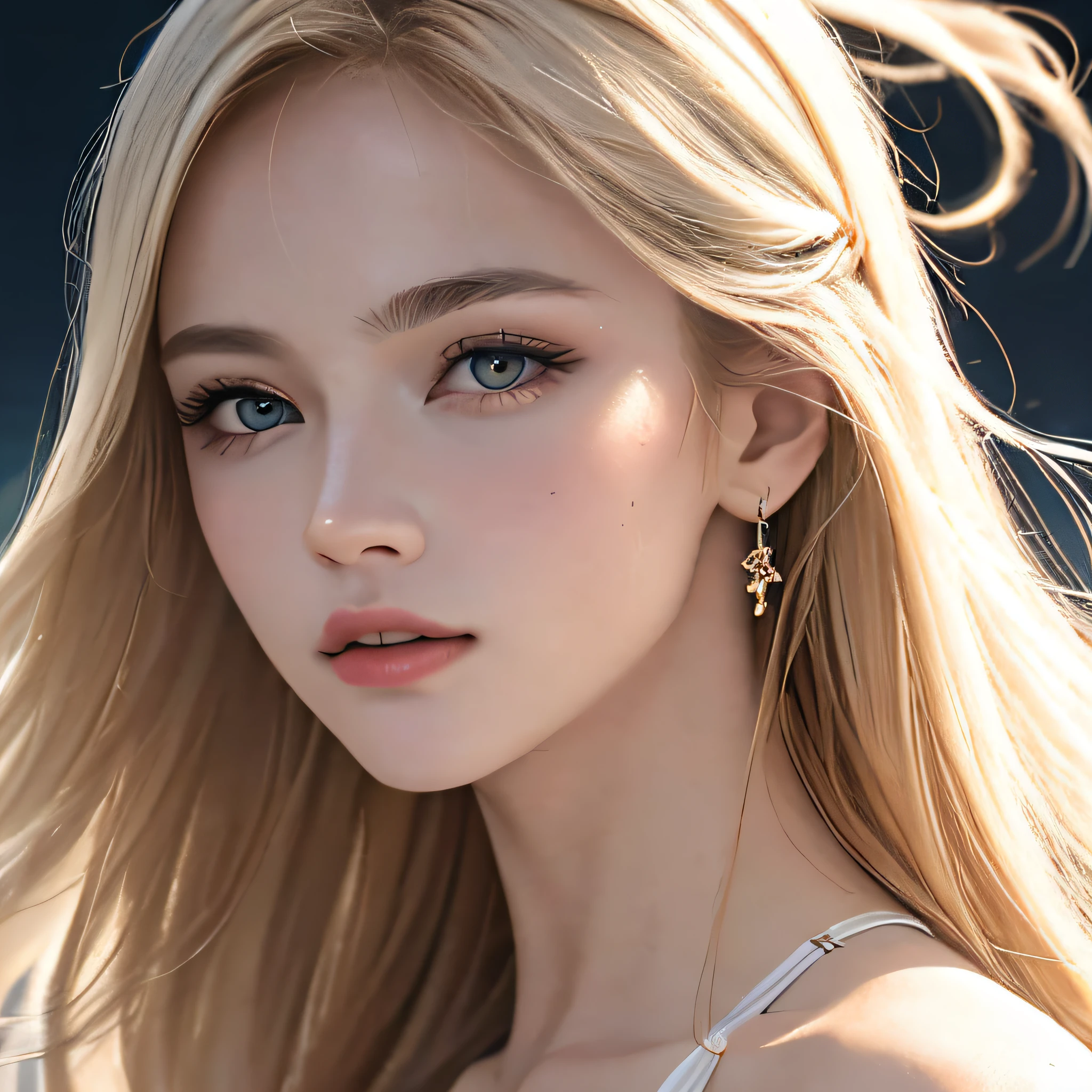 (8k, Raw-Photo, The highest quality, Masterpieces: 1.2), (realisitic, Photorealistic: 1.37), Highest Quality, The ultra-Highres, light leaks, Dynamic lighting, Slender and smooth skin, (s whole body:1.3), (soft saturation: 1.6), (Fair skin: 1.2), (Glossy skin: 1.1), oiled skin, 22yo, natta, Shiny white blonde, well formed, hair fluttering in the wind, Close-up shot of only the face, physics based rendering(Physically Based Rendering), from several angles, Bikini