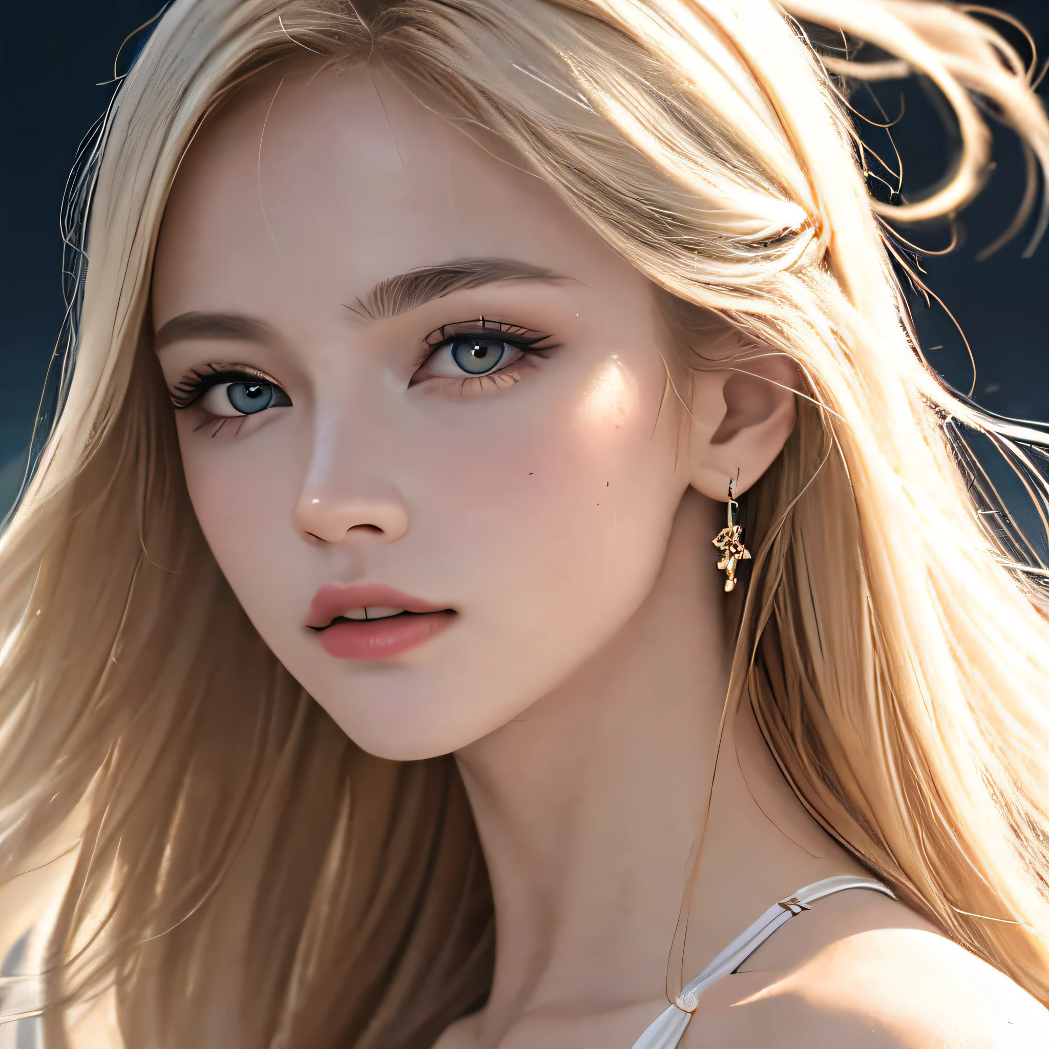 (8K, Raw-Photo, The highest quality, Masterpieces: 1.2), (realisitic, Photorealistic: 1.37), Highest Quality, The ultra-Highres, light leaks, Dynamic lighting, Slender and smooth skin, (s whole body:1.3), (soft saturation: 1.6), (Fair skin: 1.2), (Glossy skin: 1.1), oiled skin, 22yo, natta, Shiny white blonde, well formed, hair fluttering in the wind, Close-up shot of only the face, physics based rendering(Physically Based Rendering), from several angles, 比基尼