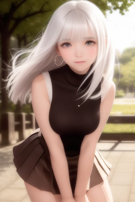 (Short flowy haircut) ,(((dark brown eye color))), cute medium side bangs, (((white hair))), starry skyscape, blooming cherry tree at the center of the background, (starry evening sky), ultra detailed, young Japanese woman , wearing simple earrings and necklace, ((wearing thick thigh strap)), beautiful face, ((wearing a sleeveless turtleneck cotton sweater)), ((waist-high pleated skirt)), ((hair flowing beautifully in the wind)) , perfect smooth legs, ((knees pointing inwards)),  (((contrast rich rim lighting from both sides))) , ((very short red finger nail polish)), (laced up boots) , perfect eyes, firm medium sized breast, thick calves, correct anatomy, tony taka art style, (cherry petals flying in the air by a soft breeze),ultra wide angle view, ((cinematic depth of field)), bokeh particles, (((crossed arms))), (cute smiling face), (((leaning forward)))