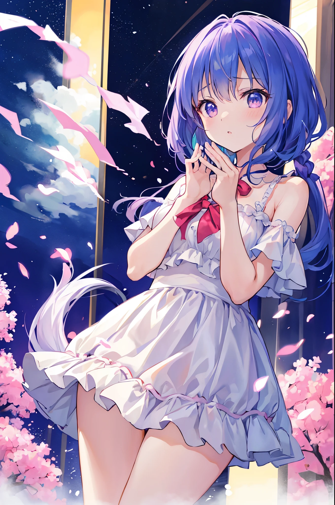 Anime girl in a short dress with a red bow and a blue dress - SeaArt AI