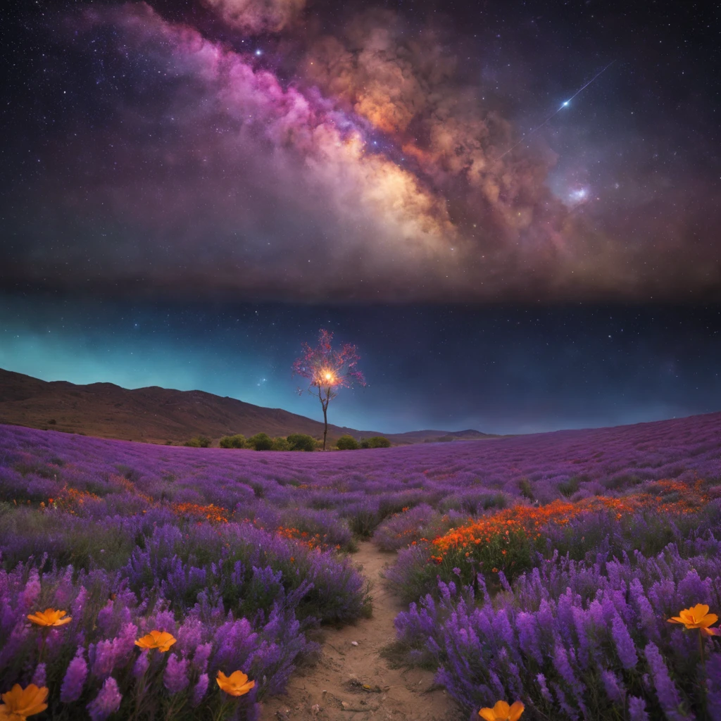 Fotografía de paisagem expansiva vista desde abajo con una vista del cielo y el desierto beloirl de pie en un campo de flores mirando hacia arriba.))), (toma la llave: 1.2), (estrella fugaz: 0.9), (nebulosa: 1.3), montaña distante, Árbol BREAK Producción Arte, (Fuente de luz cálida: 1.2), (Piriluz de lámparao: 1.2), luz de lámpara, morado y naranja, detalles intrincados, iluminación de volumen, Realismo BREAK (parte maestra: 1.2) (mejor calidad), 4k, ultra detallado, (configuración dinámica: 1.4), detalles muy detallados y coloridos, (núcleos iridiscentes: 1.2), (iluminación brillante, Iluminación atmosférica), soñador, mágico, (solo: 1.2)