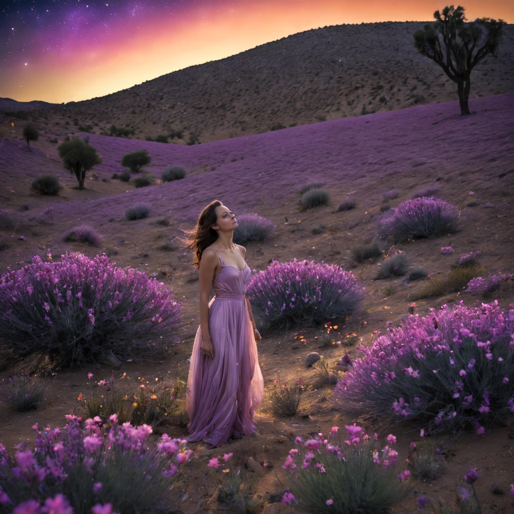 fotografia de paisagem vista panorâmica de baixo com vista para o céu e o deserto beloirl em pé em um campo de flores olhando para cima))), (lua cheia: 1.2), (Estrela cadente: 0.9), (nebula: 1.3), montanha distante, árvore BREAK produção arte, (Fonte de Luz Quente: 1.2), (Pirilamparinao: 1.2), lamparina, roxo e laranja, detalhes intrincados, iluminação volumétrica, Realismo QUEBRA (parte mestre: 1.2) (melhor qualidade), 4K, ultra-detalhado, (Configuração Dinâmica: 1.4), detalhes altamente detalhados e coloridos, (Cores iridescentes: 1.2), (iluminação brilhante, Iluminação Atmosférica), sonhador, mágico, (sozinho: 1.2)