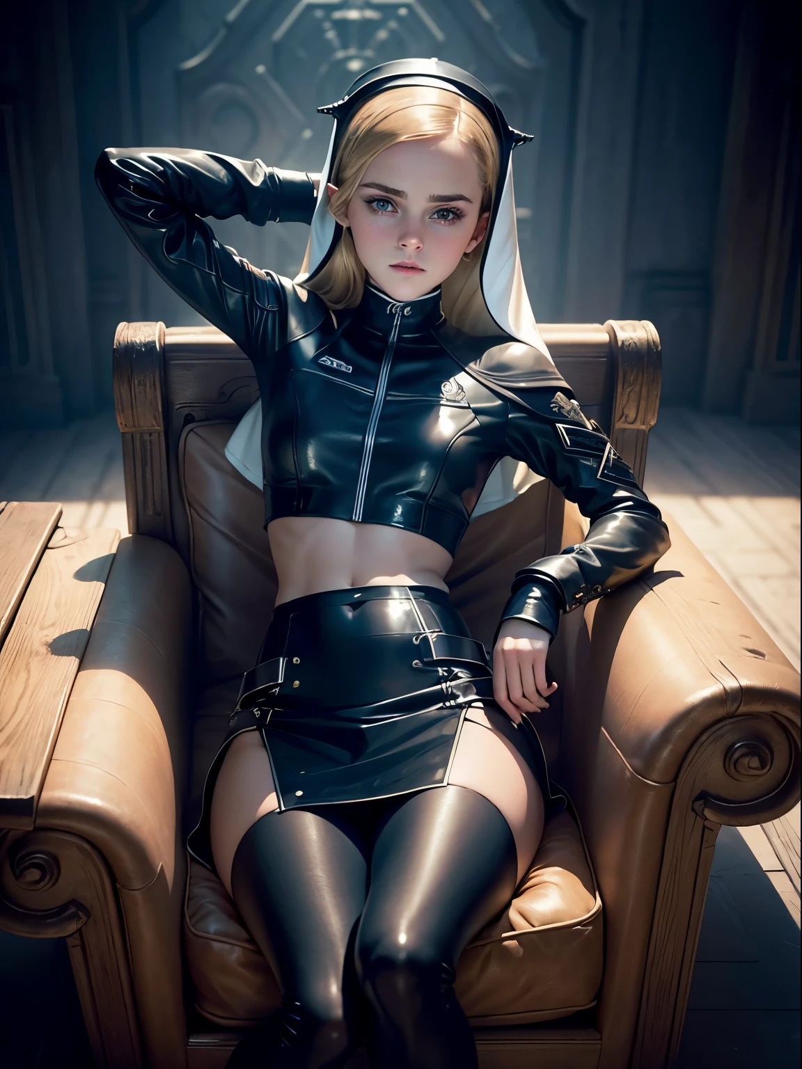 A woman in a black latex outfit sitting on a chair - SeaArt AI