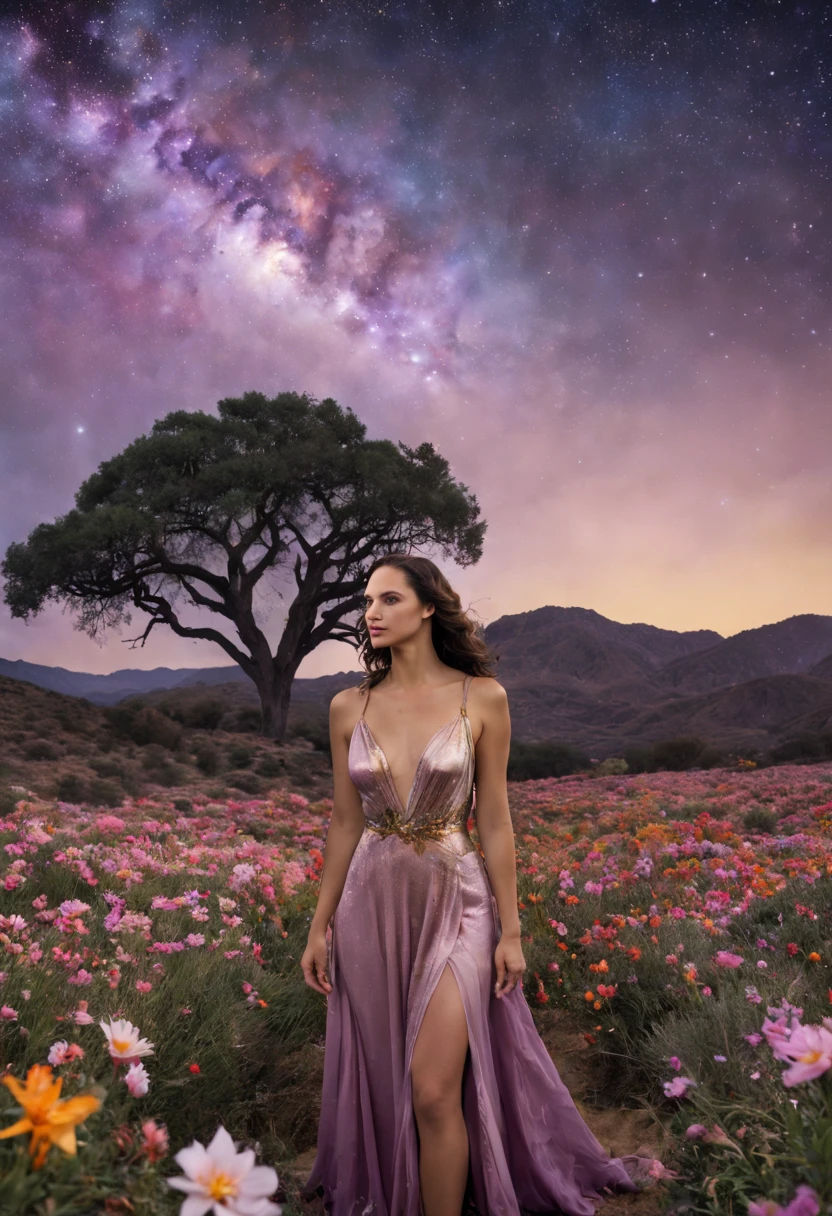 octans, heaven, sao (heaven), paisaje, heaven saodo, natta, 1girl "GAL GADOT", night heaven, 独奏, plein-air, bilding, nube, milky ways, sitting down, tree, long hair, citys, silhuette, paisaje urbana, fotografia de paisaje expansiview from below with a view of the sky and desert beloirl standing in a field of flowers looking up))), (fullmoon: 1.2), (Shooting Star: 0.9), (nebula: 1.3), distant mountain, tree BREAK production art, (Warm Light Source: 1.2), (Pirilamplighto: 1.2), lamplight, purple and orange, details Intricate, Volume Lighting, realism BREAK (master part: 1.2) (best qualityer), 4K, ultra detali, (Dynamic configuration: 1.4), highly detailed and colorful details, (Iridescent Colors: 1.2), (bright illumination, Atmospheric Illumination), dreamy, magica, (standing alone: 1.2)