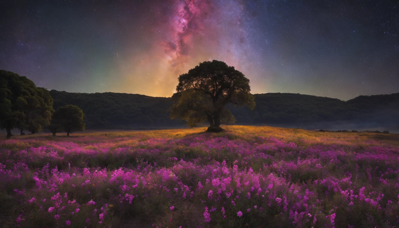 octans, heaven, sao (heaven), paisaje, heaven saodo, natta, 1girl "Morena Baccarin", night heaven, 独奏, plein-air, bilding, nube, milky ways, sitting down, tree, long hair, citys, silhuette, paisaje urbana, fotografia de paisaje expansiview from below with a view of the sky and desert beloirl standing in a field of flowers looking up))), (fullmoon: 1.2), (Shooting Star: 0.9), (nebula: 1.3), distant mountain, tree BREAK production art, (Warm Light Source: 1.2), (Pirilamplighto: 1.2), lamplight, purple and orange, details Intricate, Volume Lighting, realism BREAK (master part: 1.2) (best qualityer), 4K, ultra detali, (Dynamic configuration: 1.4), highly detailed and colorful details, (Iridescent Colors: 1.2), (bright illumination, Atmospheric Illumination), dreamy, magica, (standing alone: 1.2)