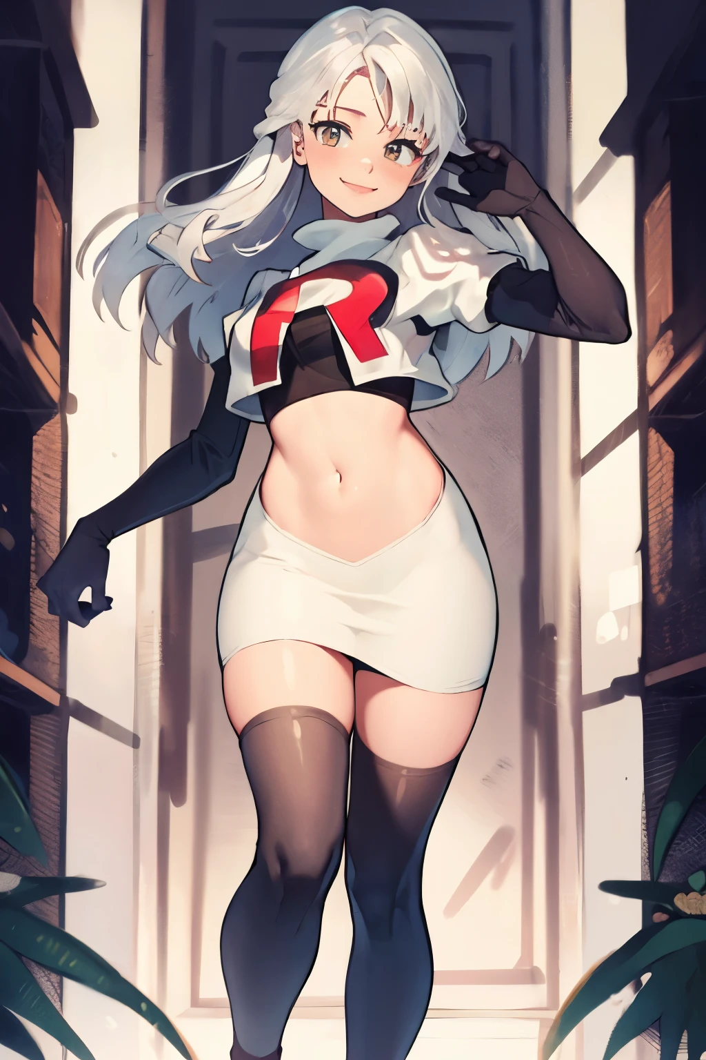 micaiah fe,  team rocket uniform, red letter R, white skirt,white crop top,black thigh-highs,black elbow gloves, confident smile