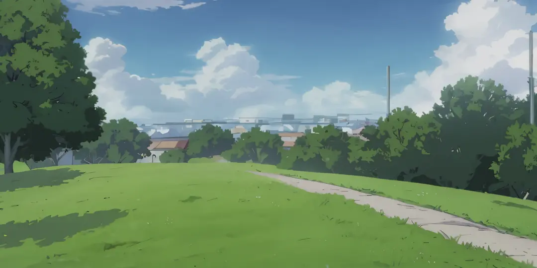 anime scenery. neighborhood. ruas de pedra, grass and vegetation. pinheiros. Casas comuns. sky and clouds.