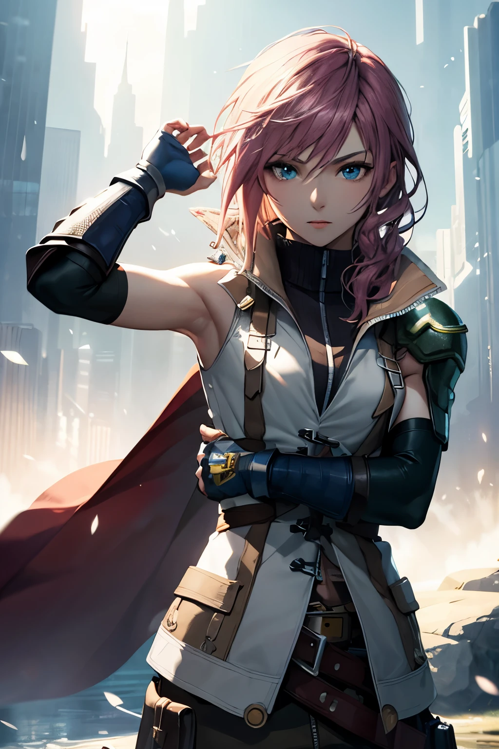 (masterpiece, best quality: 1.2), cowboy shot, solo, 1girl, lightning farron, expressionless, mouth closed, sleeveless, shoulder armor, cape, skirt, fingerless gloves