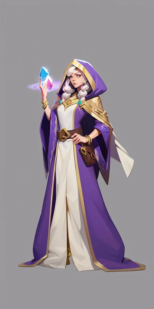 mstoconcept art, european and american cartoons, game character design, solo, 1GIRL, MAGICIAN, FEMALE FOCUS, CLEAN FACE,  GRAY BACKGROUND, WIZARD, FULL BODY, STANDING, HOOD, ROBE, YOUNG, JEWELRY, LONG MESY WHITE HAIR, BRACELET, WIDE SLEEVES, YOUNG WOMAN, BELT, GEMSTONE, LONG SLEEVES