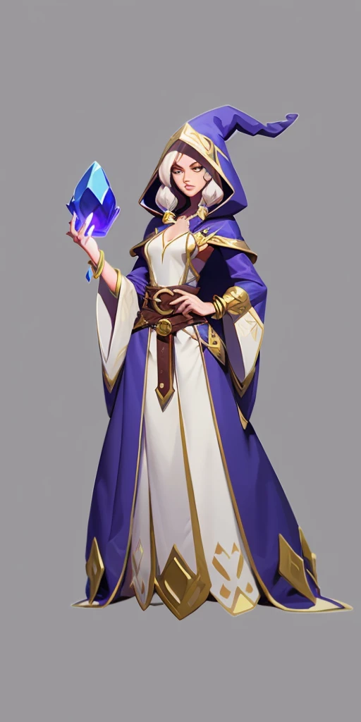 mstoconcept art, european and american cartoons, game character design, solo, 1GIRL, MAGICIAN, FEMALE FOCUS, CLEAN FACE,  GRAY BACKGROUND, WIZARD, FULL BODY, STANDING, HOOD, ROBE, YOUNG, JEWELRY, LONG MESY WHITE HAIR, BRACELET, WIDE SLEEVES, YOUNG WOMAN, BELT, GEMSTONE, LONG SLEEVES