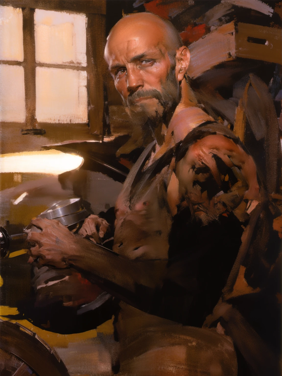 man working on his german military bike, carpenter clothing, dirty, handsome, dark stubble and beard, bald, tattoos, piercings, garage, motorwear, robust, gentle man, red and black theme, looking at viewer, gentle expression, black tank top