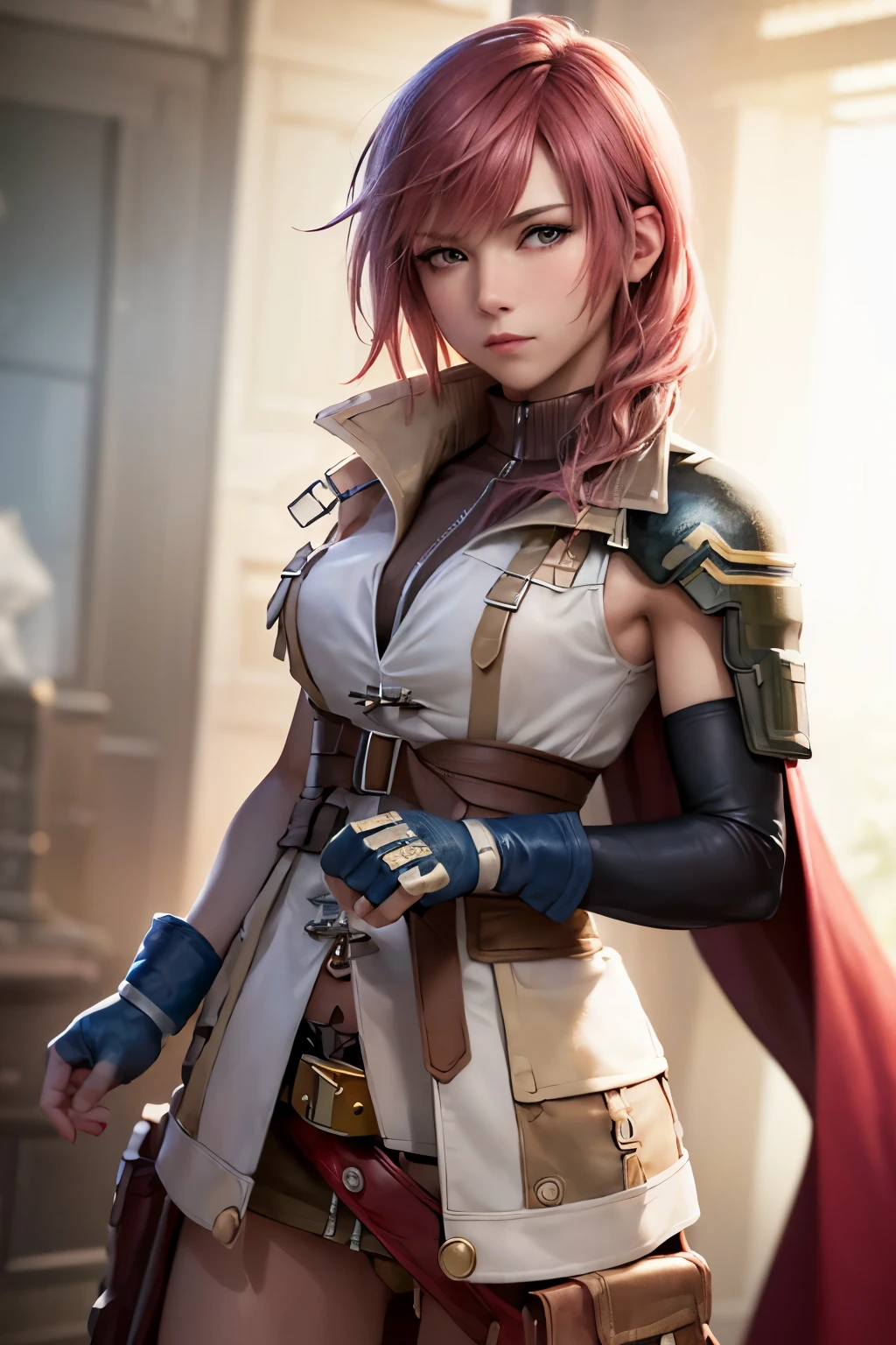 (masterpiece, best quality:1.2), cowboy shot, solo, 1girl, lightning farron, expressionless, closed mouth, sleeveless, shoulder armor, cape, skirt, fingerless gloves