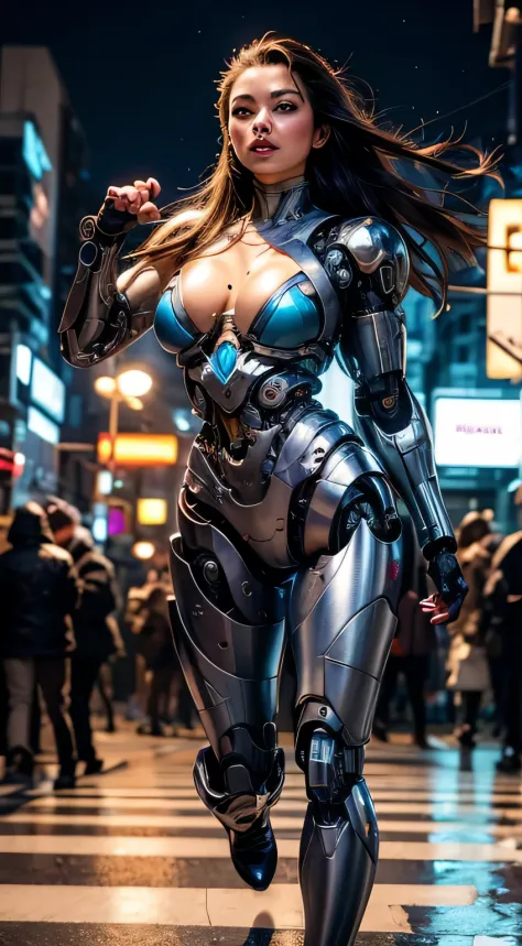 1girl in, Solo, japanaese girl, (((cyborgs:1.4))), cyborgs girl, cyborgs armor, cyborgs clothes, Beautiful detailed eyes, Fine details, Bright pupils, Turquoise eyes, Full body, Big breasts:1.2, (( (Floating hair))), Looking at Viewer, subjective, female f...