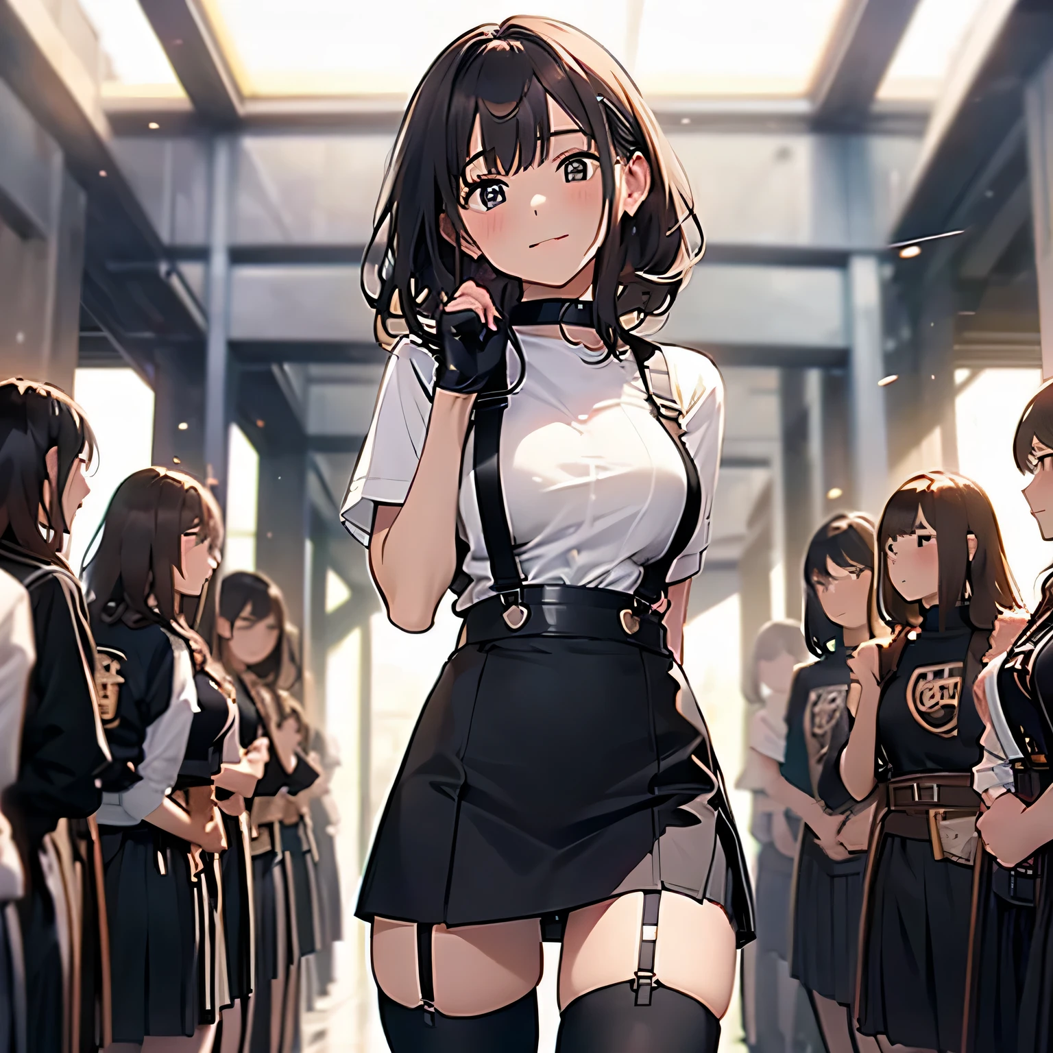 Brown hair、watching at viewers　　　black suspenders　　　bulging big tits　　 　 　　　walls: 　Black miniskirt　garters　　　　　　Gaze　　　a small face　bangss 　　　holster　　　Beautuful Women　　Hands up　　レッグholster ベッドに横たわる　　Gaze 　black boots panty shot　Provocation　flank　flank汗　Soio 　arms are