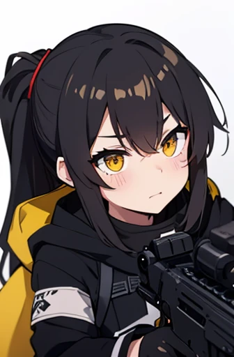 ump45 from girls frontline, reloading his gun while looking at you with a determined and mischievous face, yellow eyes, scar on the left eye, g&k uniform, ponytail on the left side of his head, innocent and aggressive look