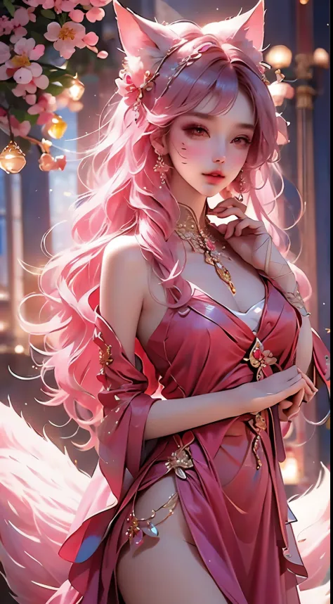 Red fox ears and tail，There is a woman in red dress holding a feather， inspired by plum trees， Inspired by Lanying， inspired by Ai Xuan， Inspired by Ma Yuanyu， Popular topics on cgstation， 宮 ， A girl in Hanfu， Inspired by Qiu Ying， beautiful fantasy empres...