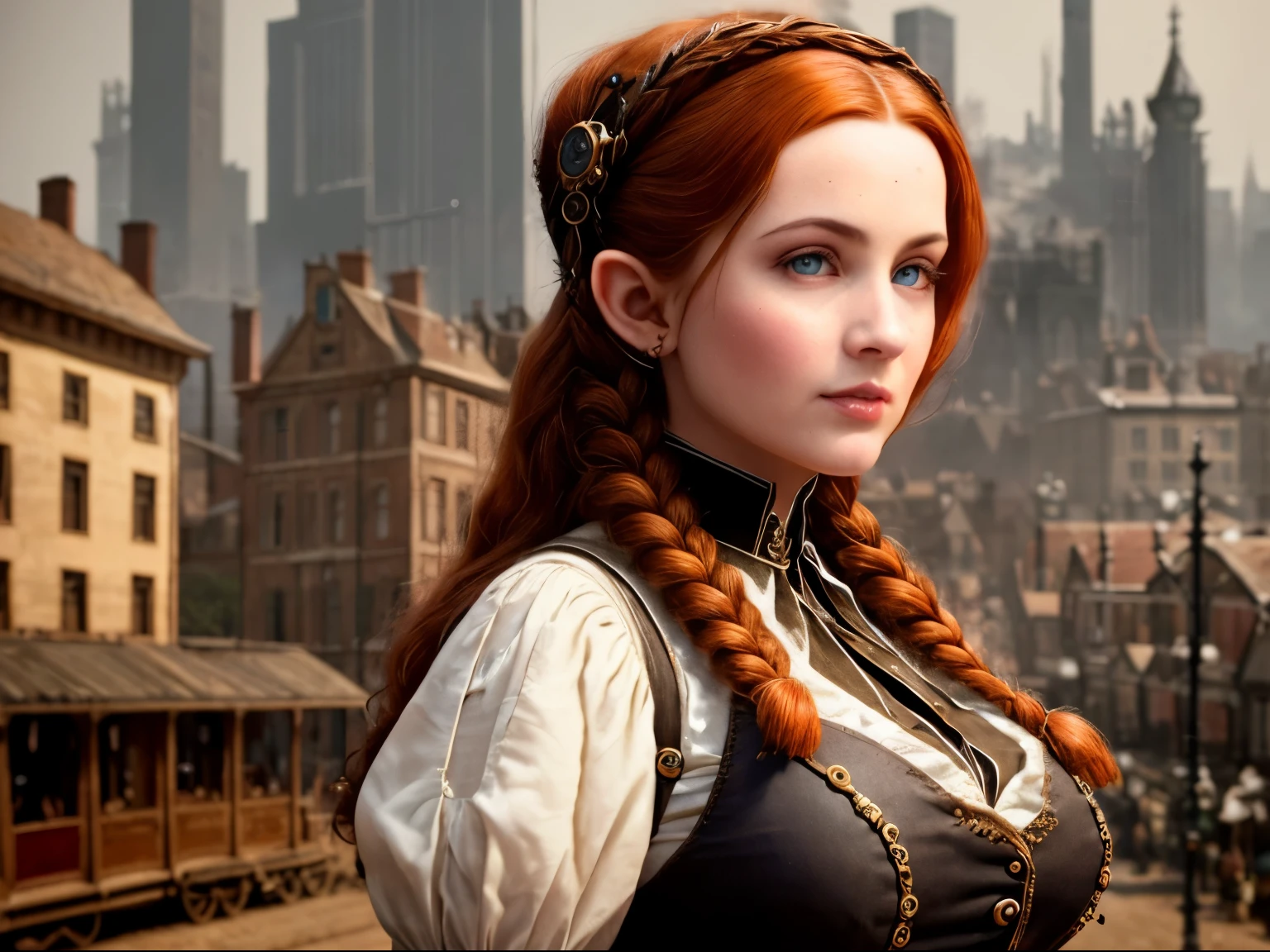 masterpiece, hyper realistic, detailed, best quality, award-winning photo, gorgeous sexy elven woman, dark auburn hair in braid, outdoors, steampunk city, steampunk 1890s steampunk city, wearing unbuttoned waistcoat jacket, cleavage, tight white  top half unbuttoned button shirt, tight jeans, small breasts, smaller breasts, puffy nipples, super detailed, beautiful and aesthetic, beautiful, masterpiece, best quality, raw, masterpiece, super fine photo, best quality, super high resolution, photorealistic realism, amazing beauty, dynamic pose, vibrant eyes, (from the front), detailed face, detailed complex busy background, messy, gorgeous, highly detailed skin, realistic skin details, sharp focus, 8k uhd, DSLR camera, high quality, photo realism, lomography, huge metropolis in 1890s steampunk city, translucent