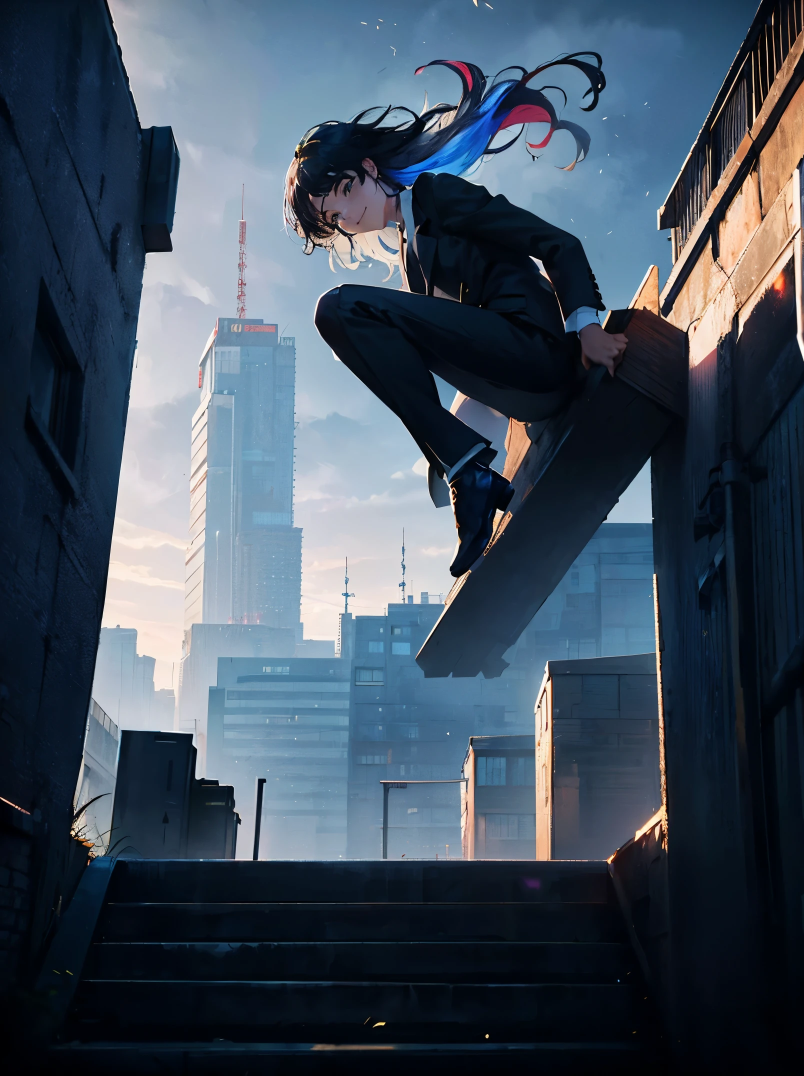 parkour girl,Wearing a suit，Jump off the rooftop!! ︎，Breathe air， blows wind,Fluttering hair，gust of wind， Colorful, , ​masterpiece, splatters, From directly below， Side, A smile, starrysky, in a storm