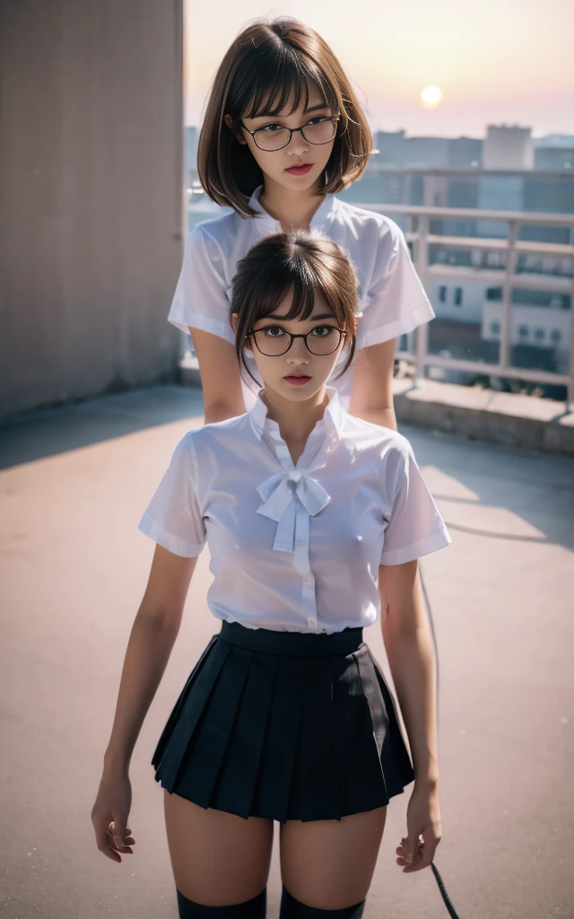 8k,cinematic lighting,top-quality,Top image quality,masterpiece,best quality,depth of field,ultra-detailed,from below,Standing,mideum shot,full body,1girl,Japanese,32 years old,(Gyaru:1.2),(Black hair,very short messy bobcut:1.2),(Oval light brown cell frame glasses:1.2),detailed brown eyes,(slender body:1.2),((flat chest:1.5)),slightly large hip,(tanned skin), (School Rooftop:1.1),sunset,magic hour,(blushing:1.4), JP ,face,looking at viewer,no bra,nIpples_visible_through_clothing,(dark check skirt),school tie,white shirts,