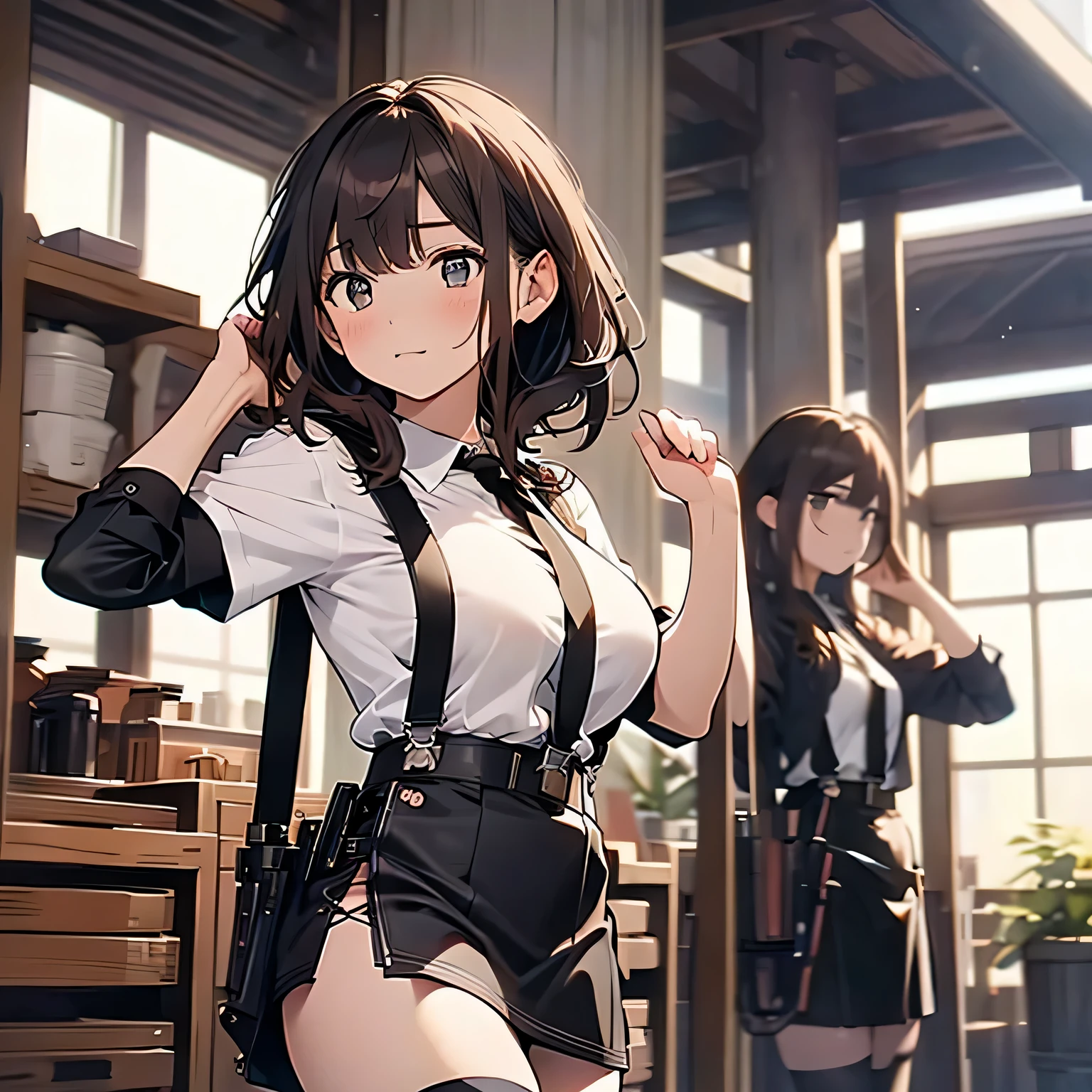 Anime girl in uniform posing in a room with a window - SeaArt AI