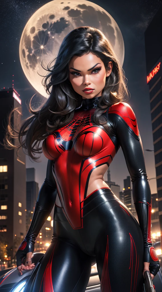 Sexy Latina ((Daisy Marie)) dressed as Spider-Man, sexy with 34dd , gorgeous face, beautiful, curves, hourglass figure, highly detailed, masterpiece, 96k HDI Vector unity rendering, full moon in background, stars in sky, city lights, New York, nighttime, spider web, perfect cinematic mcu lighting,