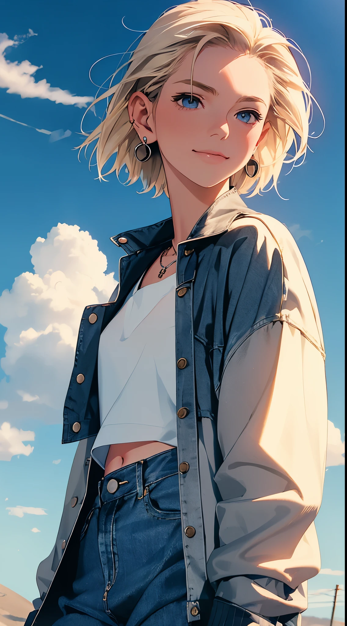 Anime girl with blonde hair and blue eyes standing in front of a blue sky -  SeaArt AI