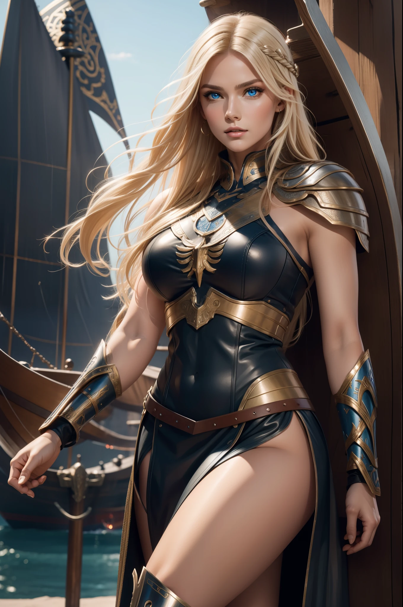 Gorgeous Woman, Valkyrie, Long blonde hair, blue eyes, detailed facial features, proportional hands, proportional fingers, leather armor, viking ship,