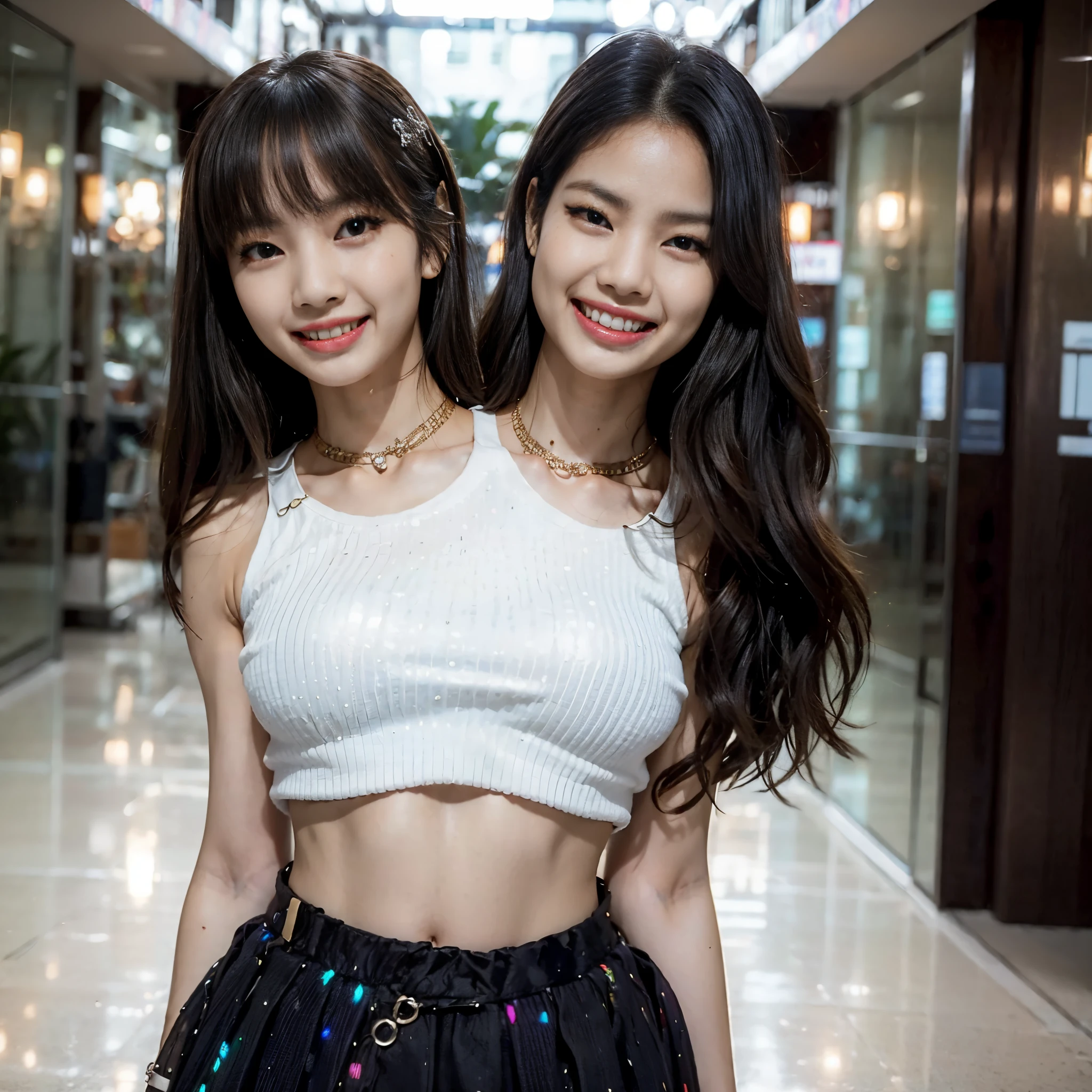 best resolution, woman with twoheads, 2heads, LISA JENNIE smiling BLACKPINK, necklace, white croptop, black skirt, indoor background