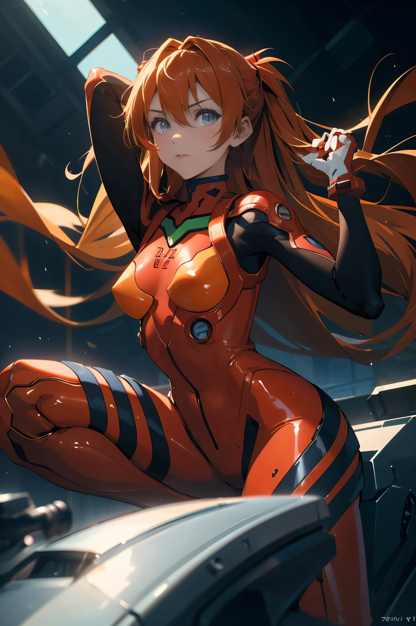 (masterpiece, best quality), 1girl, beautiful face, beautiful body, souryuu_asuka_langley, plugsuit, bodysuit, interface headset, red bodysuit, hair between eyes, pilot suit