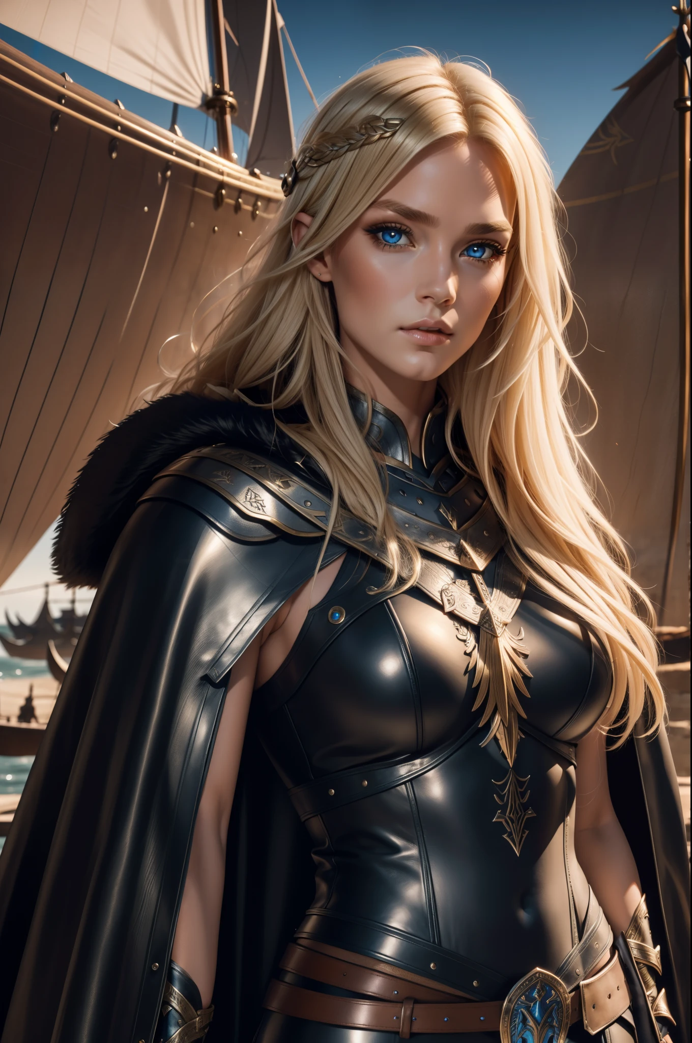 Gorgeous Woman, Valkyrie, Long blonde hair, blue eyes, detailed facial features, proportional hands, proportional fingers, leather armor, fur cape, viking ship,