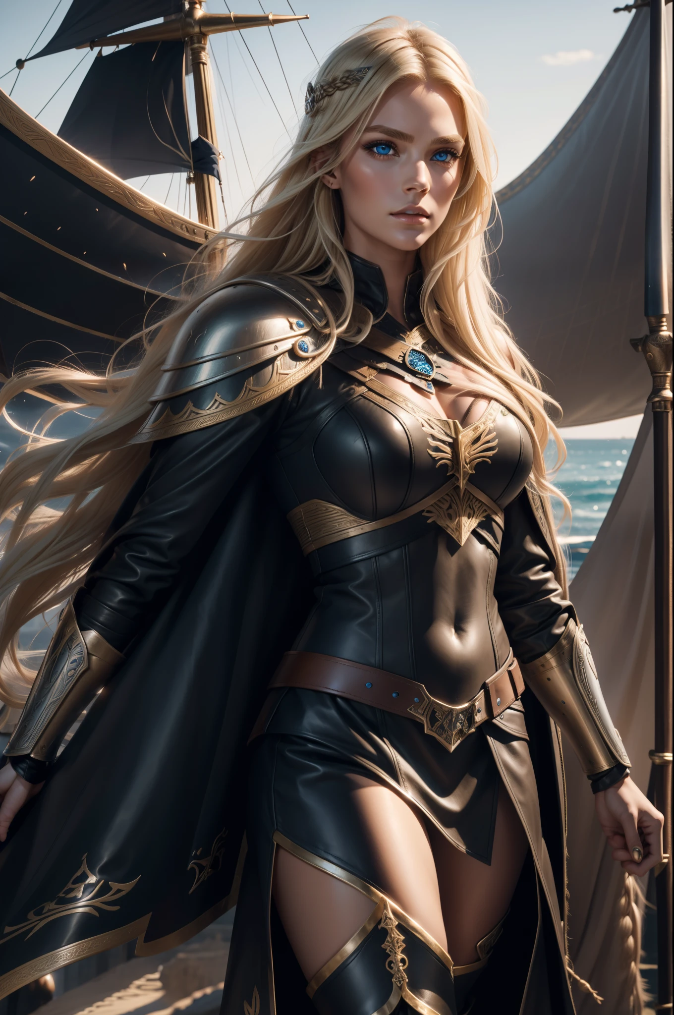 ゴージャスな女性, ヴァルキリー, 長いブロンドの髪, 青い目, 詳細な顔の特徴, 比例針, 比例指, 革の鎧, 毛皮のケープ, ヴァイキング船,