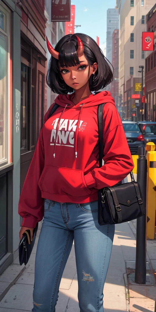 masterpiece, best quality, ultra high res, beautiful, visually stunning, elegant, incredible details,  award-winning art,        0n1, red skin, oni horns, oni, red oni, colored skin,   city, street,hoodie, jeans, handbag,