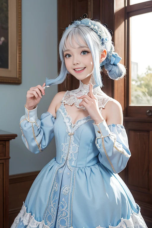 Best quality at best，tmasterpiece，Extremely Delicately Beautiful，The content is very detailed，CG，gatherings，8k wallpaper，An Astonishing，Detailed pubic hair，1Blittle girl，Around 10 years old，Very cute look，White hair，high ponytails，light blue  eyes，laughing very happily，wearing a light blue dress