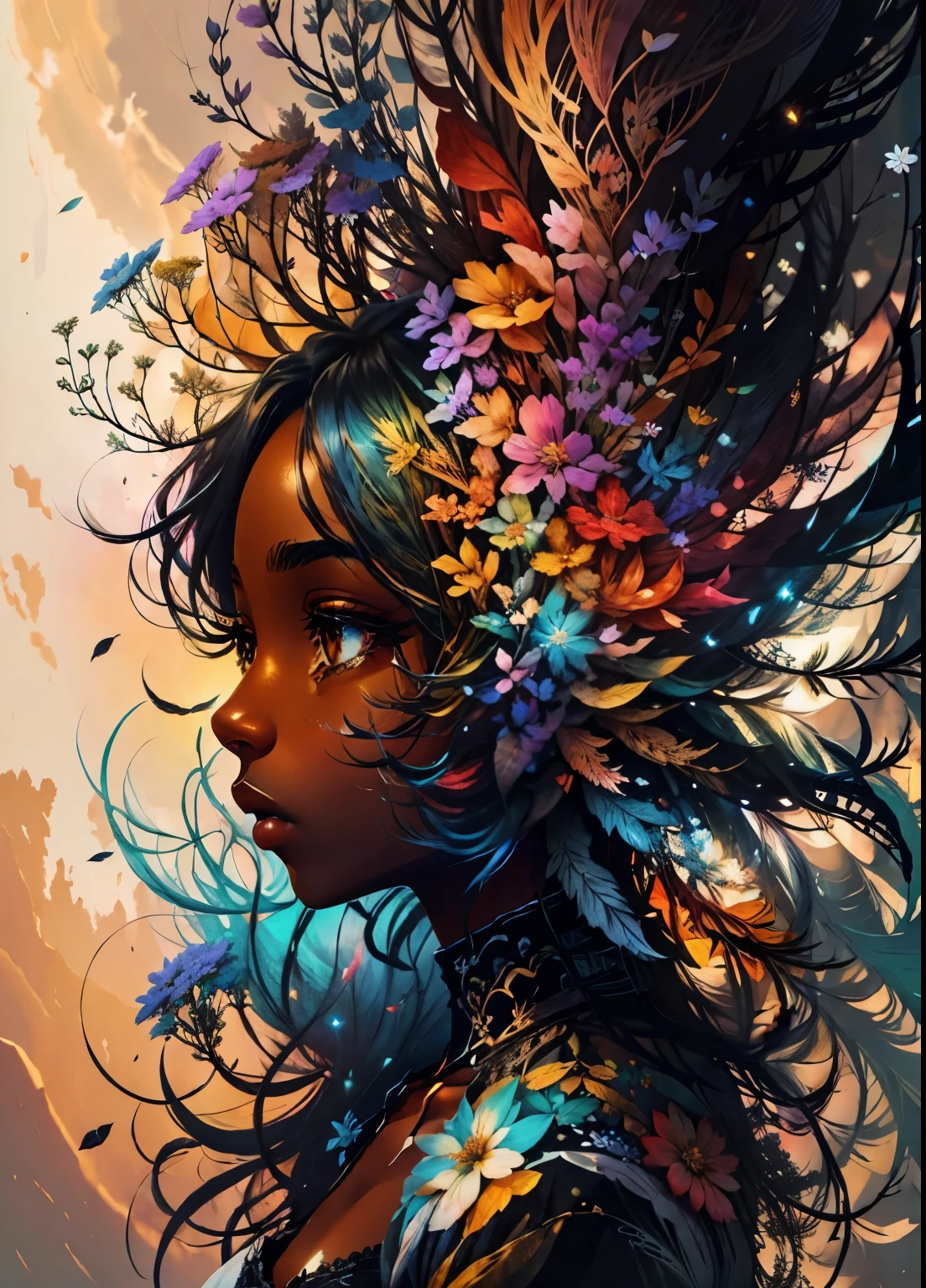 colorhalf00d,, vista de cima para baixo de uma gabrielle uniyon, perfil lateral, mulher negra, penas, flores silvestres