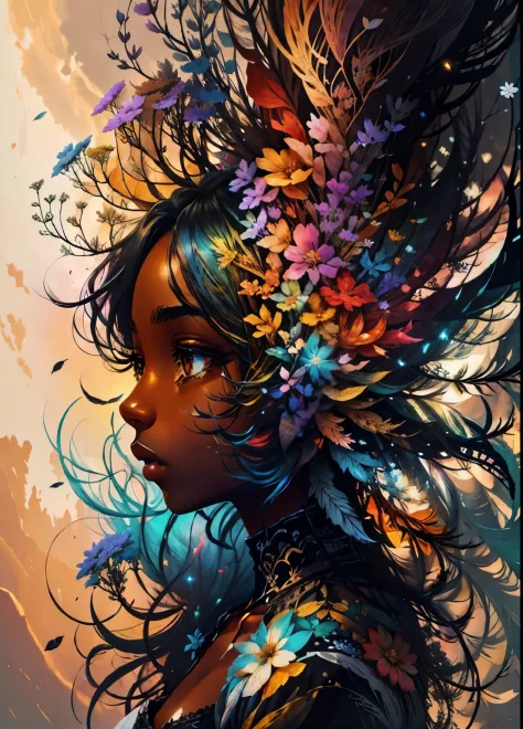 colorhalf00d,, top-down view of a gabrielle uniyon, side profile, black woman, feathers, wildflowers